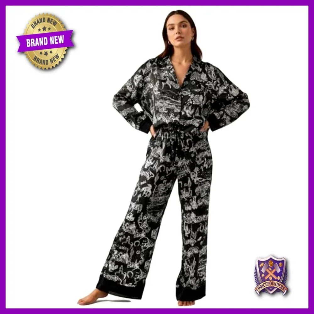 Women's Satin Pajama Set Long Sleeve V-Neck Wide Leg Pants Loungewear